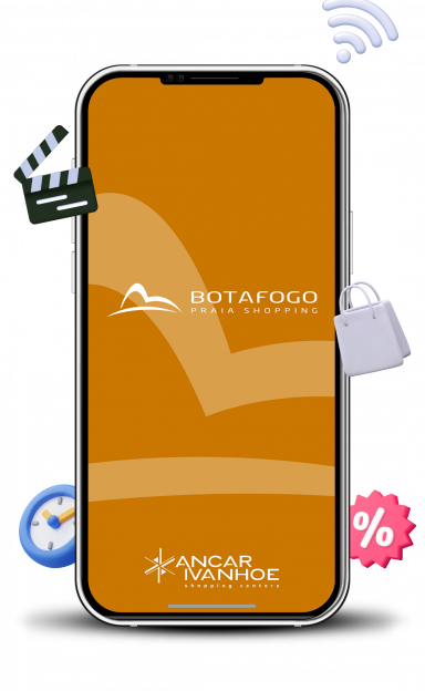 Imagem com a tela de um telefone mostrando a página de início do aplicativo do Botafogo Praia Shopping